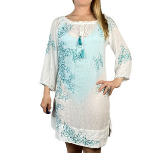 Poupette St. Barth Dress Mini Cover Up Blue Green Geometric Embroidery
